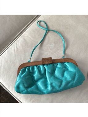 Sondra Roberts Turquoise Quilted & Wood Purse Puffer Clutch Shoulder Bag VIntage